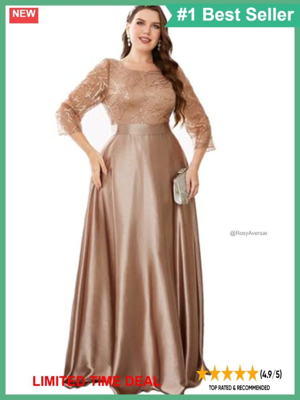 Plus Size Sequin Embellished Satin A-Line Hem 3/4 Sleeve Formal Evening Gown